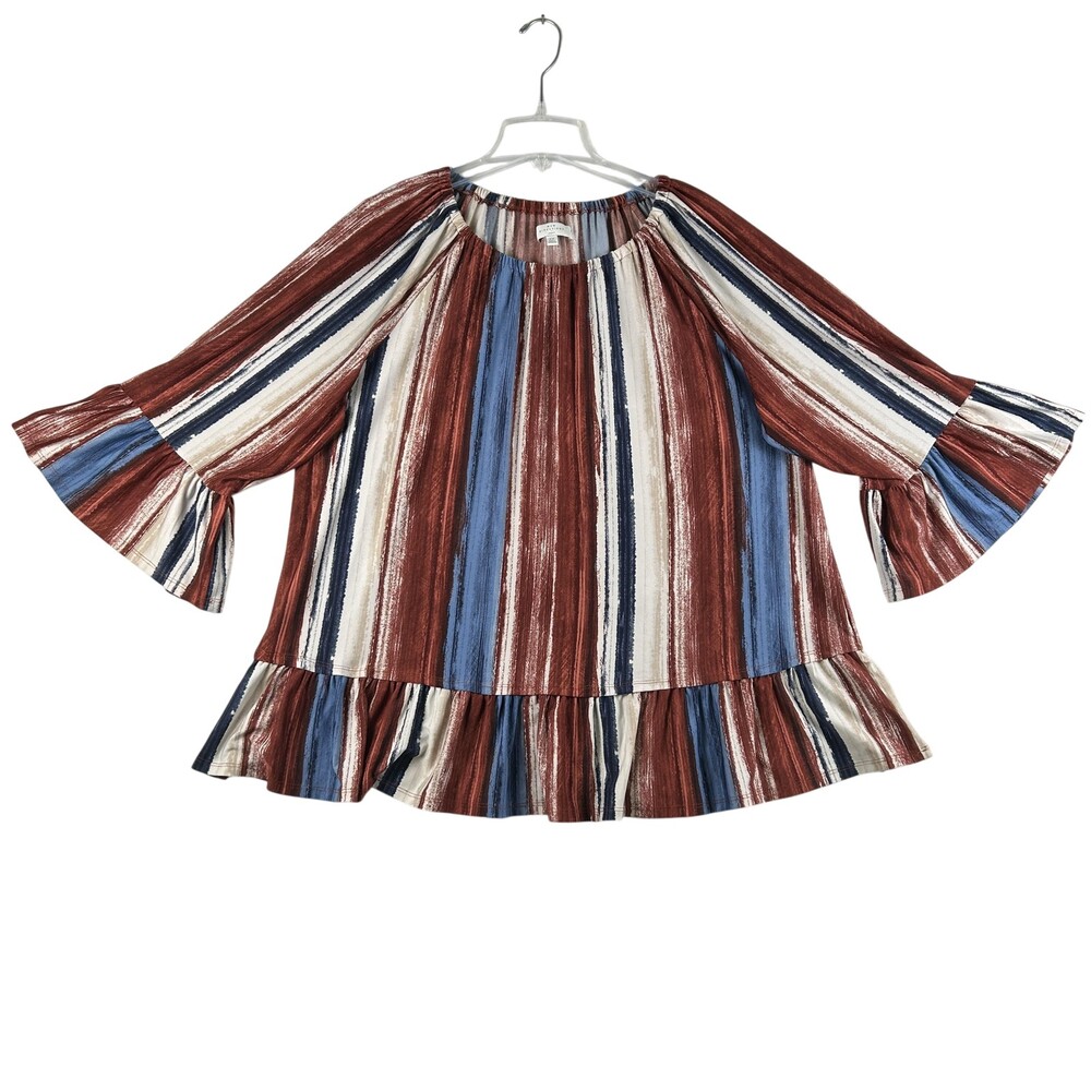 New Directions Blouse Womens 2X Multicolor Stripe Bell Sleeve Ruffle Tunic Top
